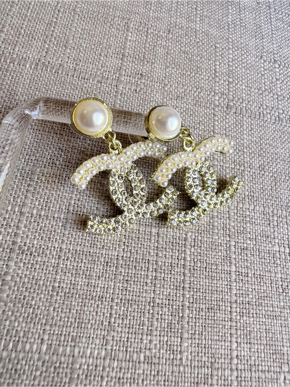 CHANEL Gold-Tone Pearl & Crystal CC Drop Earrings